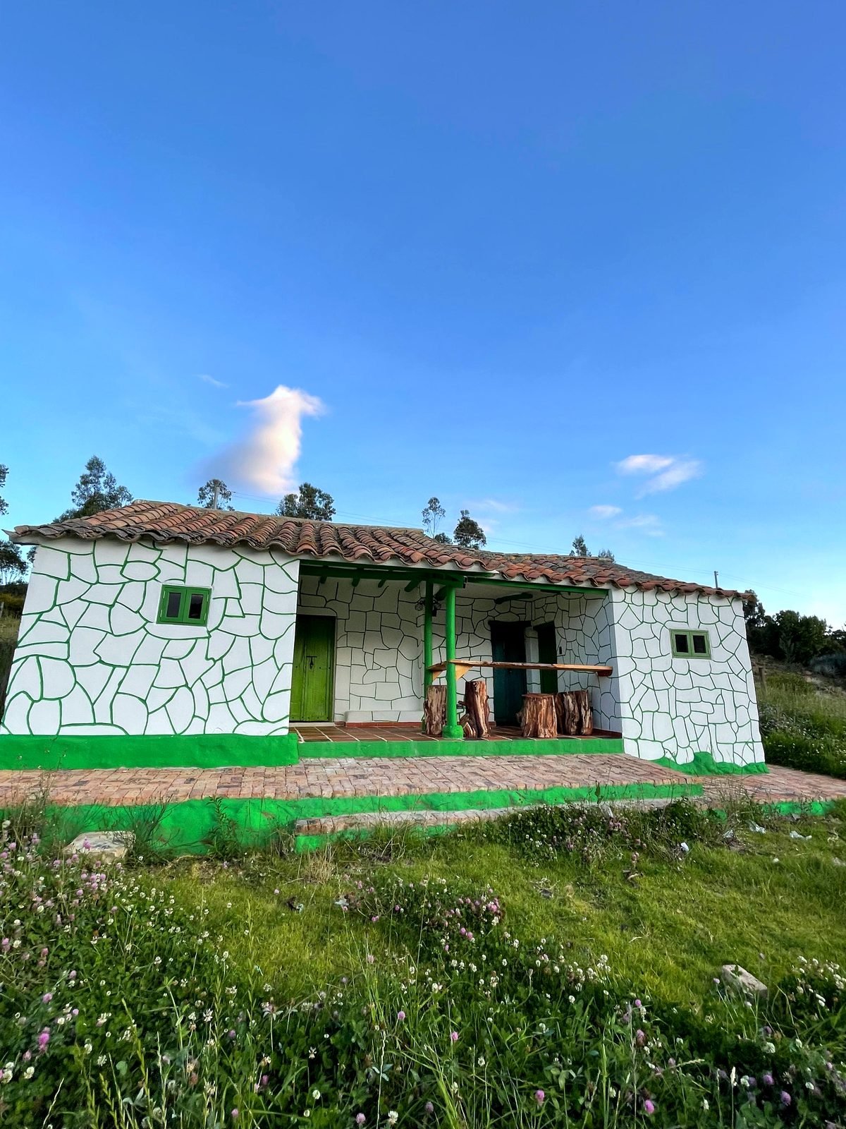 Casa Encanto rodeada de flores silvestres en la pradera de Pesca, Boyacá