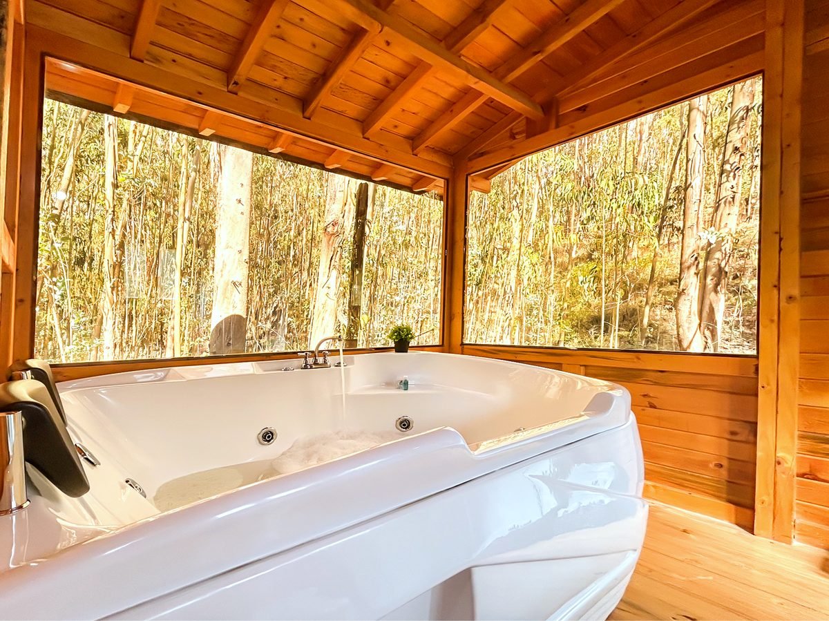 Jacuzzi privado del Domo Gamoniteiru con un gran ventanal hacia el bosque