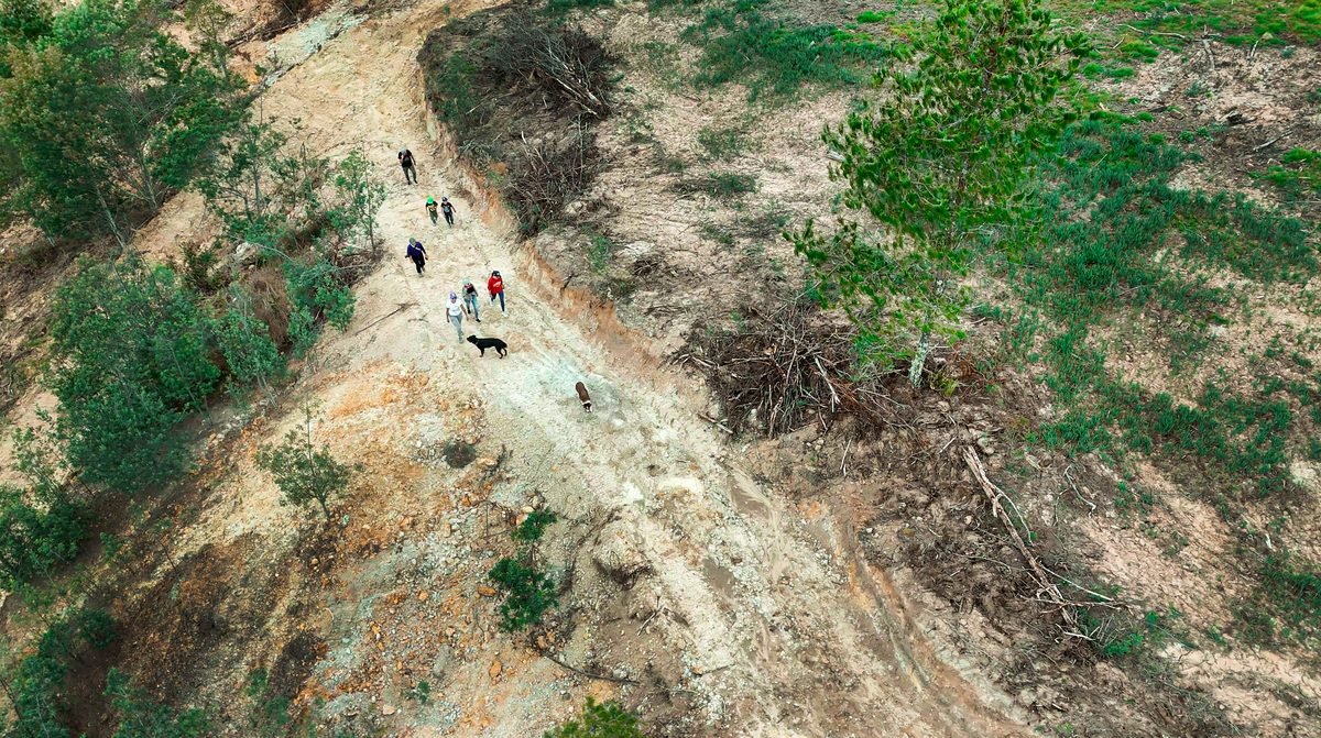 Ciclistas de montaña bajando por la pista de MTB de Domos Sup3r López, vista aérea